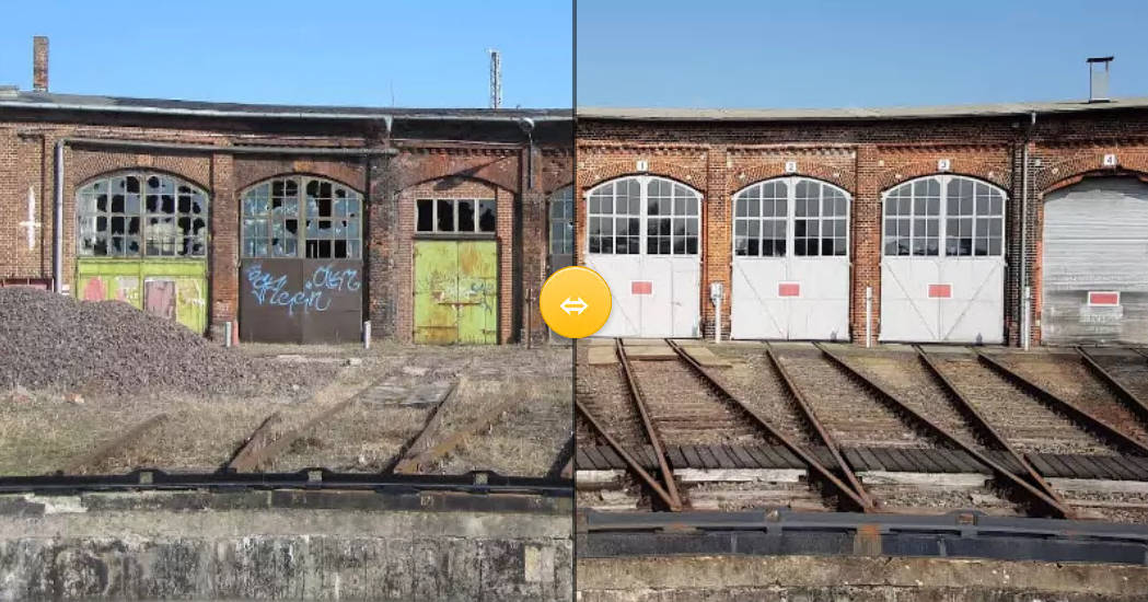 Zur Seite mit dem Vorher und Nacher-Vergleich des Lokschuppens Zur Seite mit dem Vorher und Nacher-Vergleich des Lokschuppens